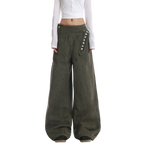 Studio Ruban olive green wide leg wrap pants with button closure and high waist. Cotton blend.