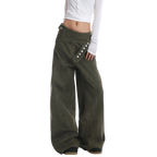 Studio Ruban olive green cotton blend wide leg wrap pants with button closure and exaggerated flare.