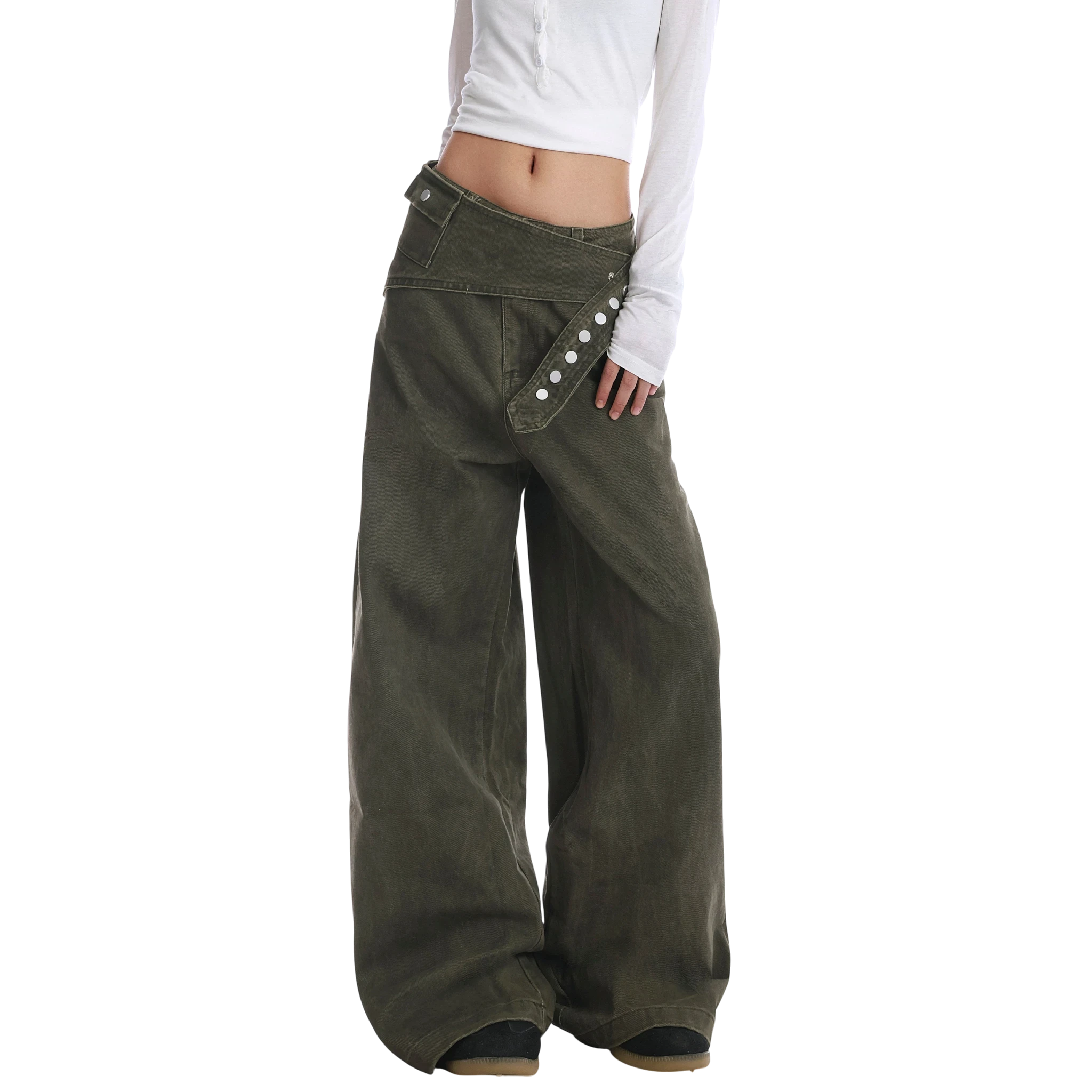 Studio Ruban olive green cotton blend wide leg wrap pants with button closure and exaggerated flare.