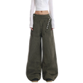 Studio Ruban olive green wide leg wrap pants with button closure and high waist. Cotton blend.