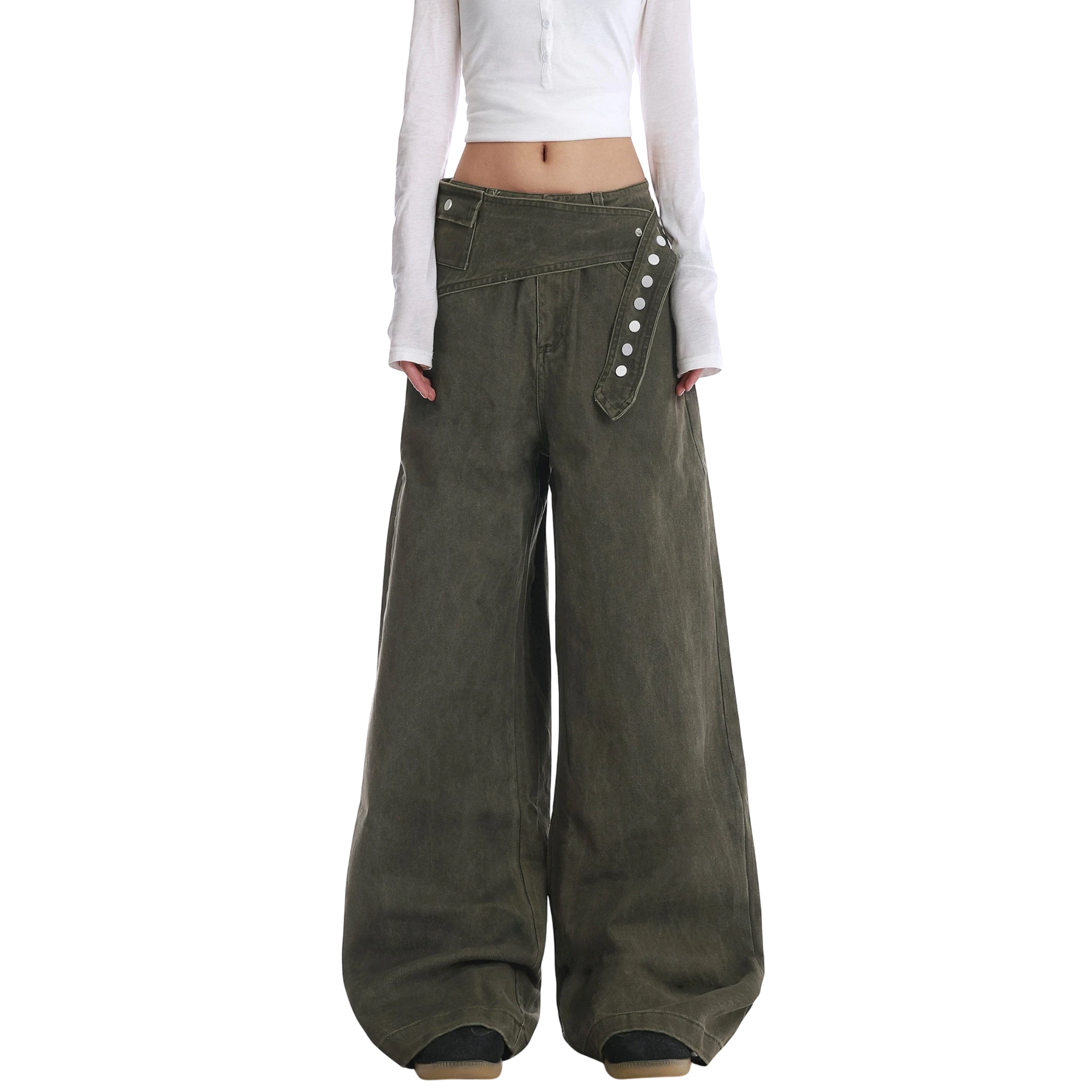 Studio Ruban olive green wide leg wrap pants with button closure and high waist. Cotton blend.