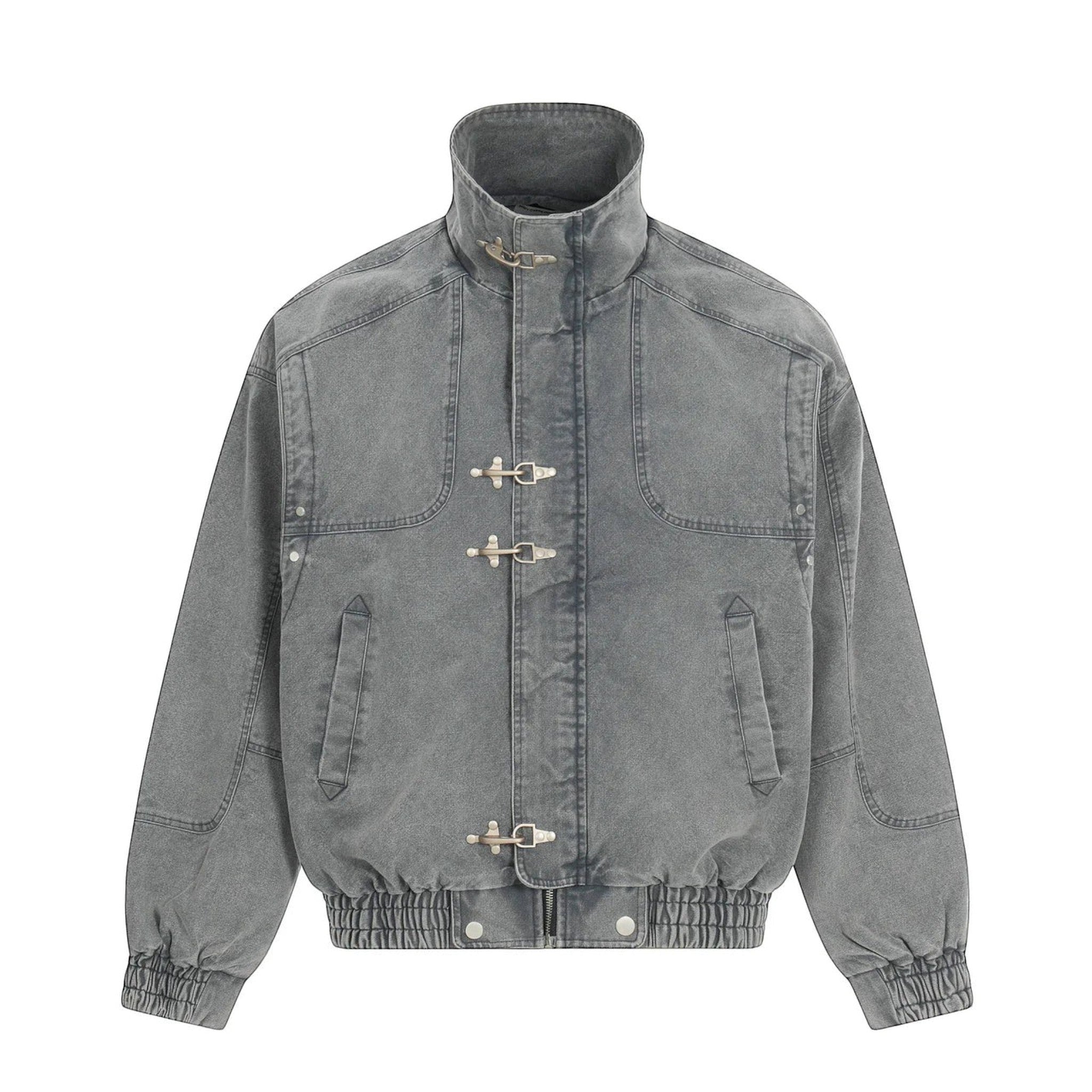 Studio Ruban charcoal grey washed denim oversized bomber jacket with toggle closures and stand-up collar.