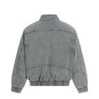 Studio Ruban charcoal grey washed denim oversized bomber jacket with toggle closures and ribbed cuffs.