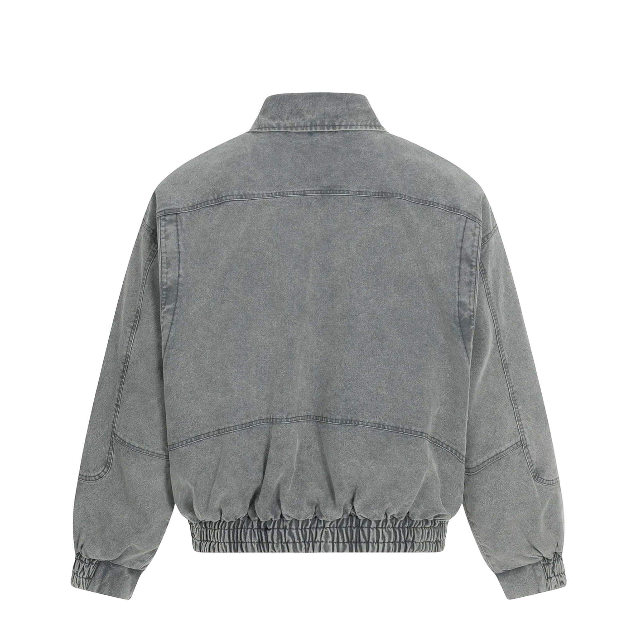 Studio Ruban charcoal grey washed denim oversized bomber jacket with toggle closures and ribbed cuffs.