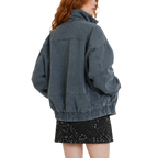 Studio Ruban charcoal grey oversized denim bomber jacket with toggle closures and stand-up collar on a model.
