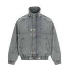 Studio Ruban charcoal grey washed denim oversized bomber jacket with toggle closures and stand-up collar.