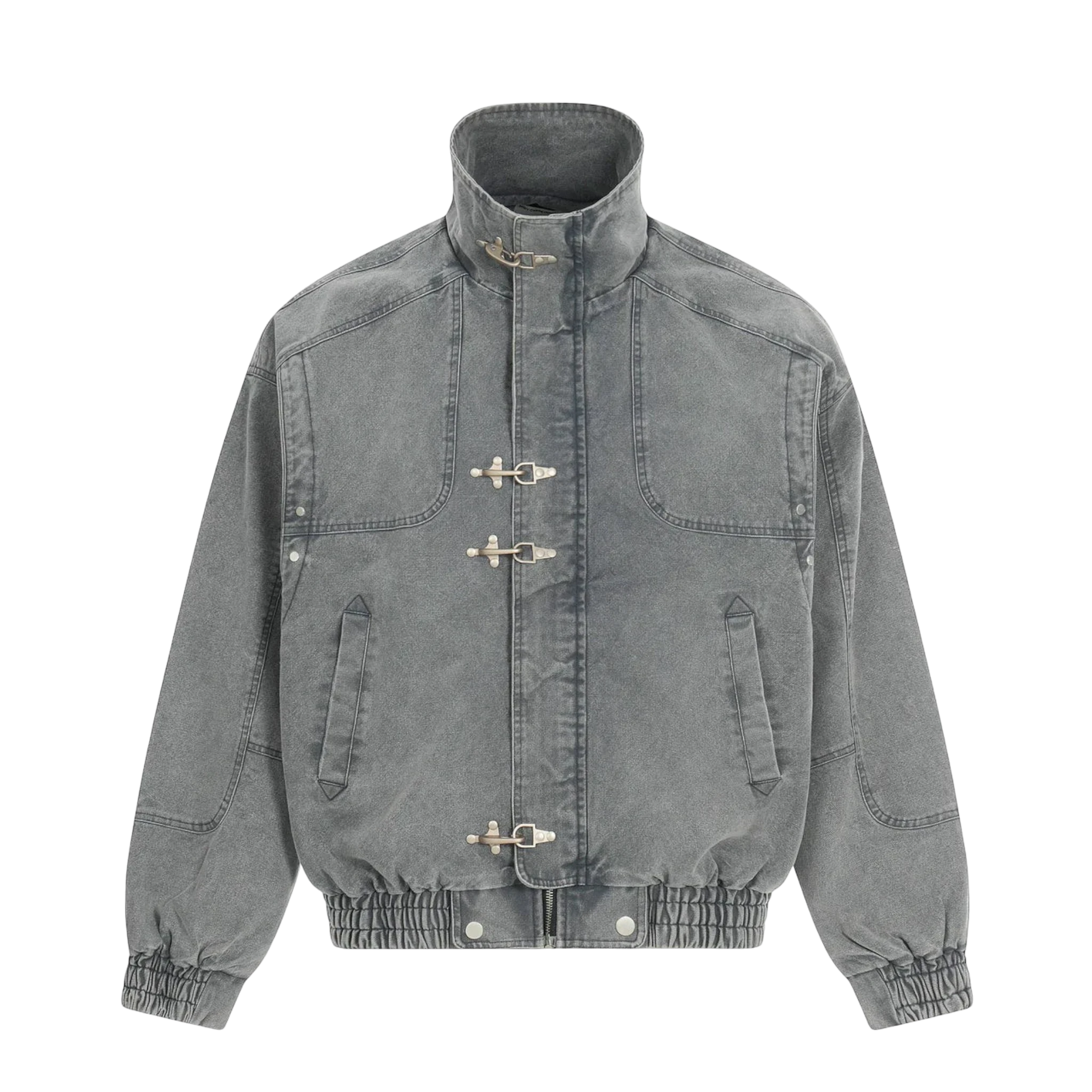 Studio Ruban charcoal grey washed denim oversized bomber jacket with toggle closures and stand-up collar.
