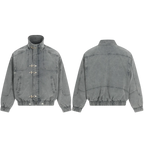 Studio Ruban charcoal grey oversized denim bomber jacket with toggle closures and stand-up collar.