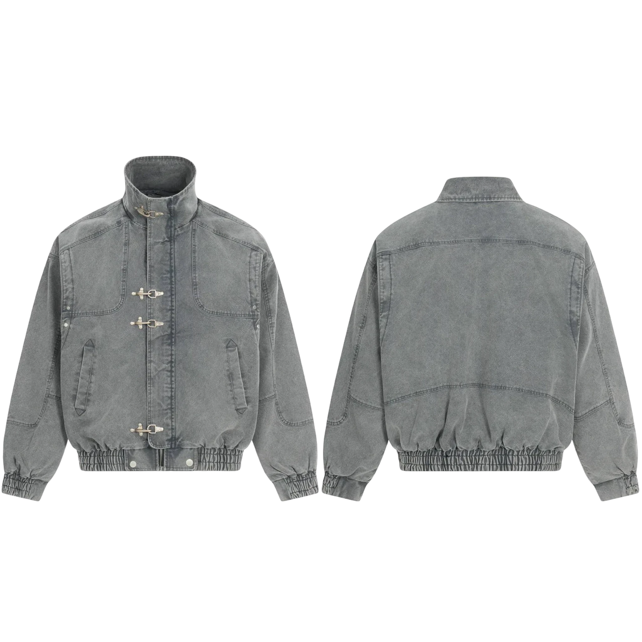 Studio Ruban charcoal grey oversized denim bomber jacket with toggle closures and stand-up collar.