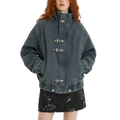 Studio Ruban charcoal grey oversized denim bomber jacket with toggle closures and stand-up collar on a model.