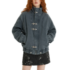 Studio Ruban charcoal grey oversized denim bomber jacket with toggle closures and stand-up collar on a model.