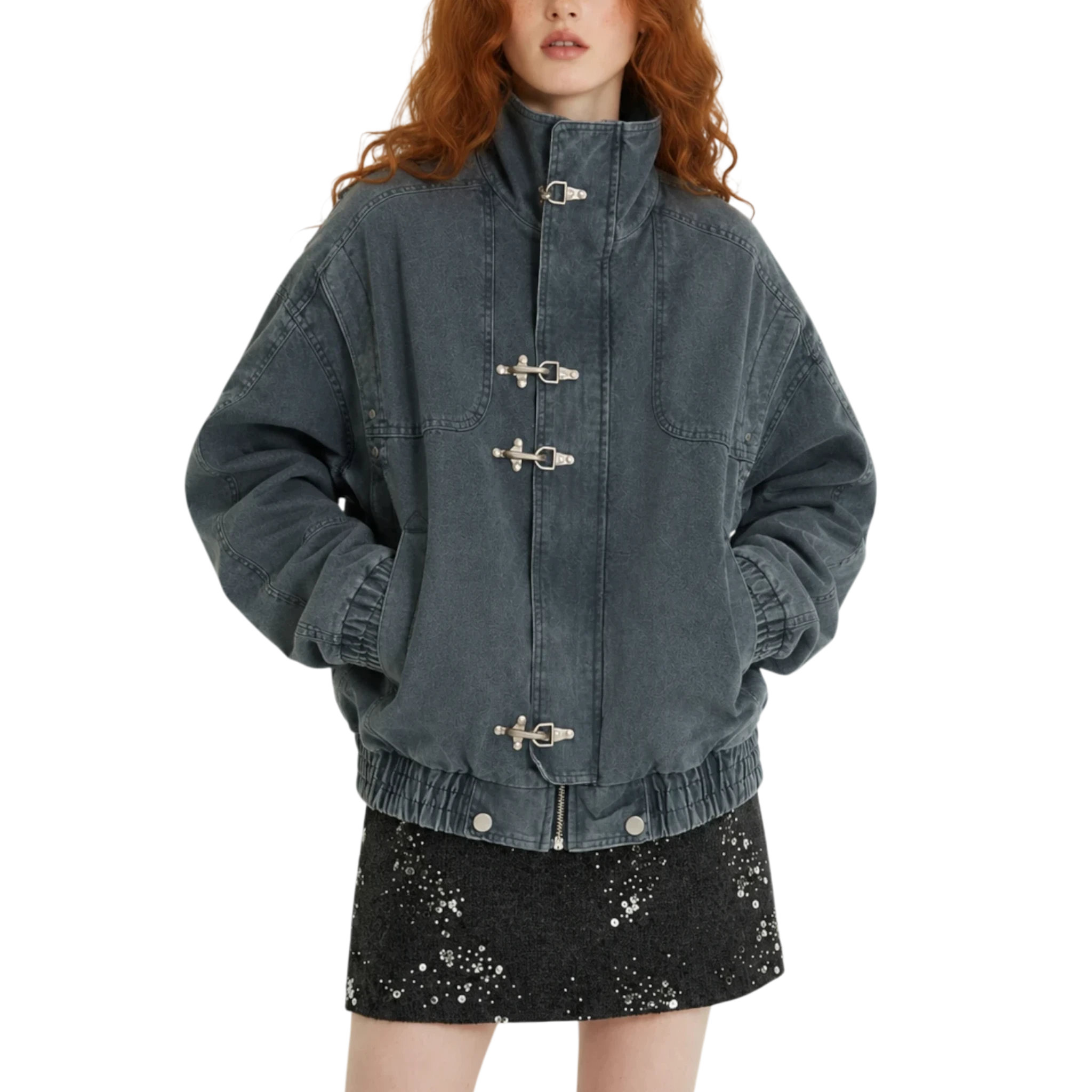 Studio Ruban charcoal grey oversized denim bomber jacket with toggle closures and stand-up collar on a model.