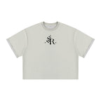 Studio Ruban unisex light grey cotton blend t-shirt with plaid-lined sleeves and black gothic logo on chest.