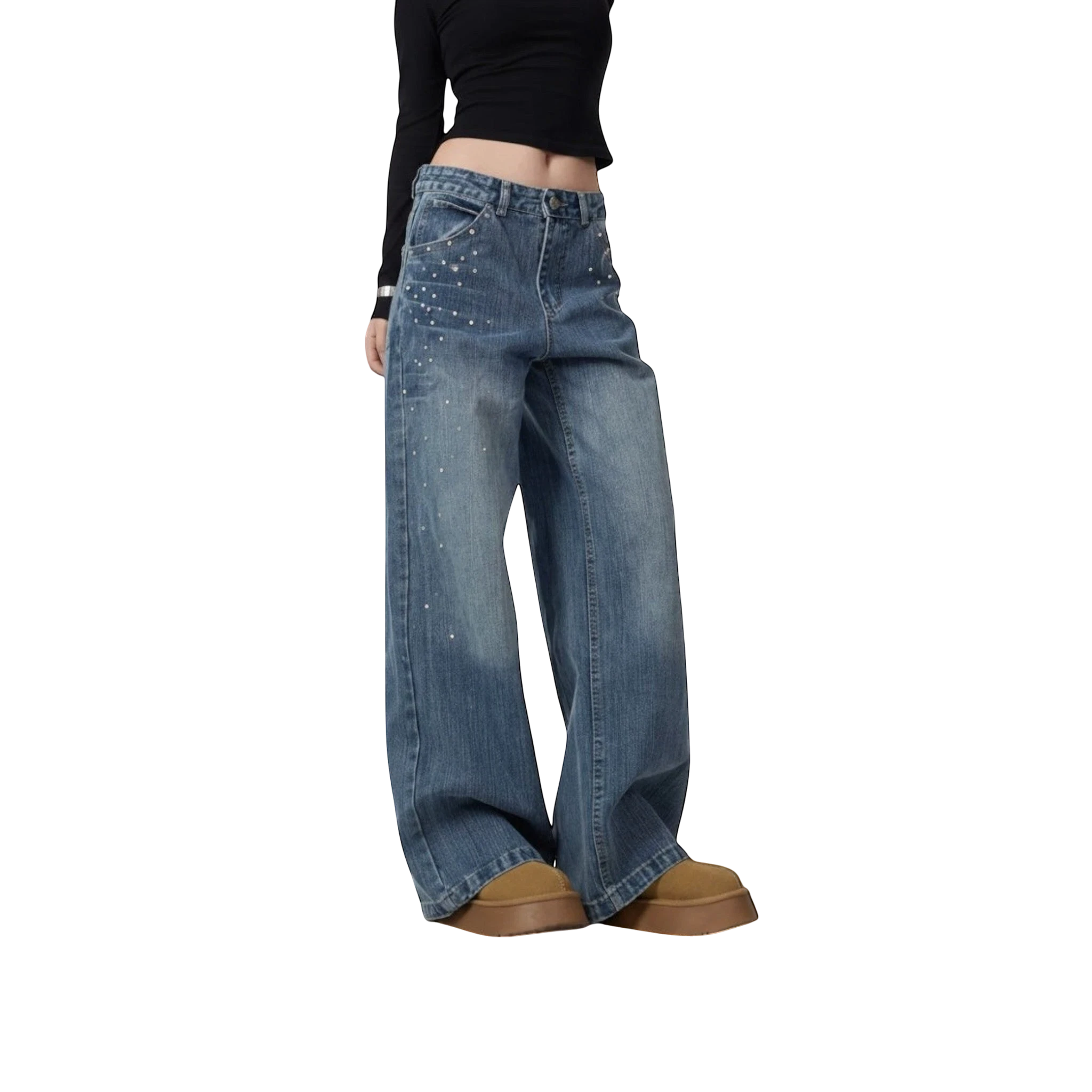 Studio Ruban mid-wash denim wide leg jeans with scattered rhinestone embellishments on pockets and legs.