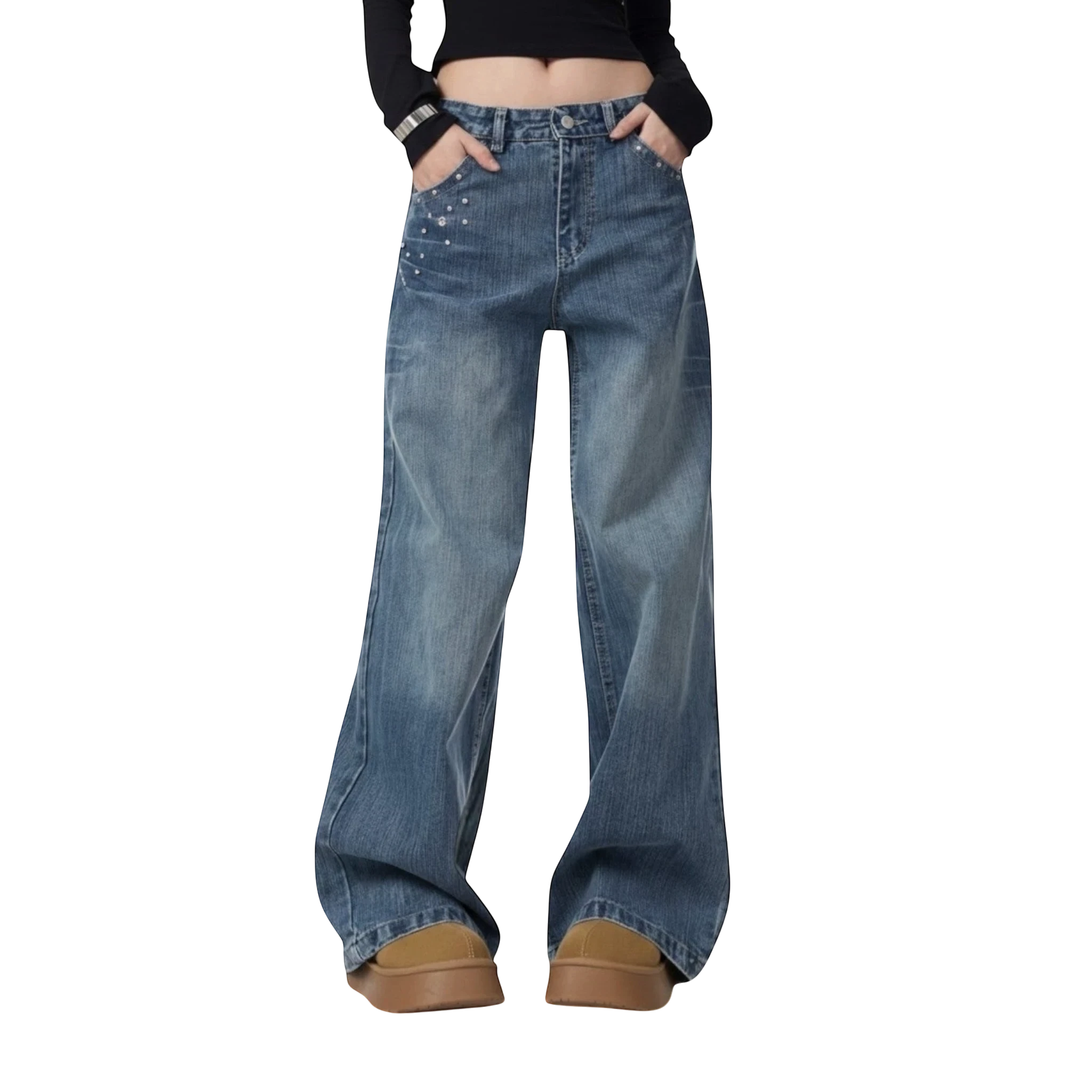 Studio Ruban mid-wash denim wide leg jeans with rhinestone embellishments on front pockets and legs.