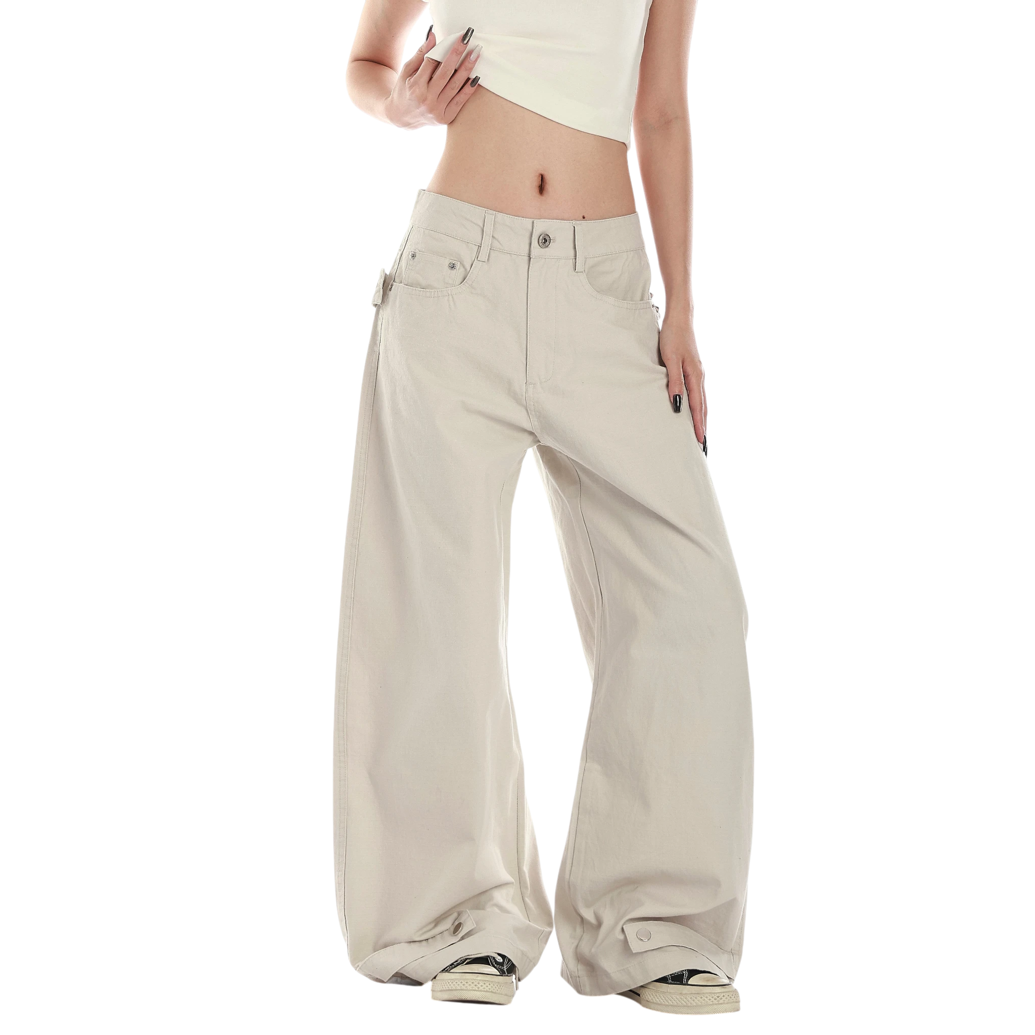 Studio Ruban Risa wide leg cargo pants in stone cotton blend with studded belt and utility pockets.