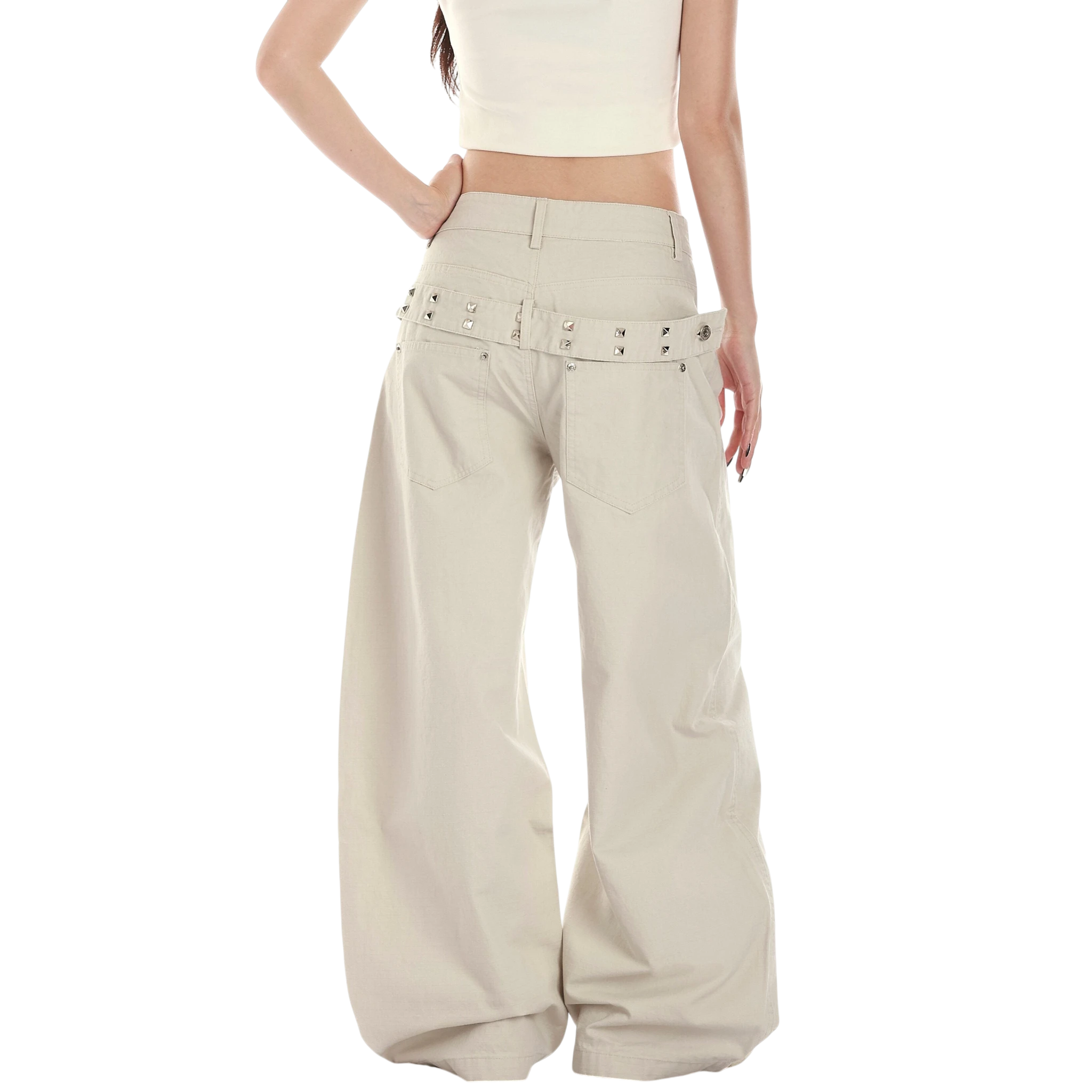 Studio Ruban Risa stone wide leg cargo pants with studded belt and exaggerated silhouette.