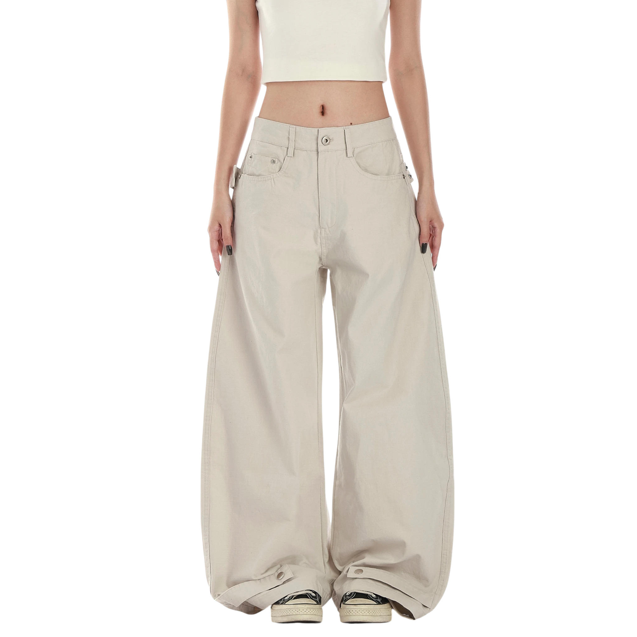 Studio Ruban Risa stone wide leg cargo pants with studded belt and exaggerated silhouette. Cotton blend.