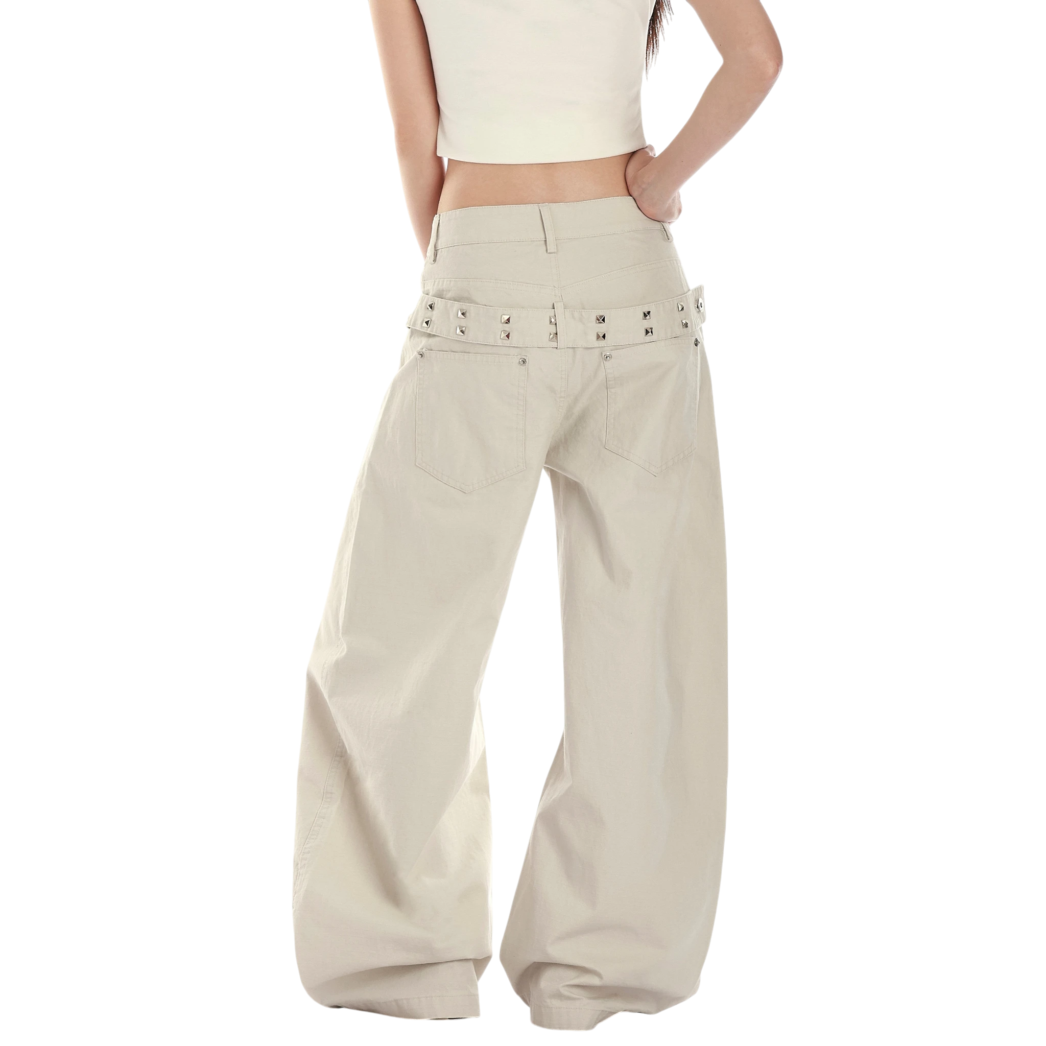 Studio Ruban Risa wide leg cargo pants in stone cotton blend with studded belt and utility pockets.