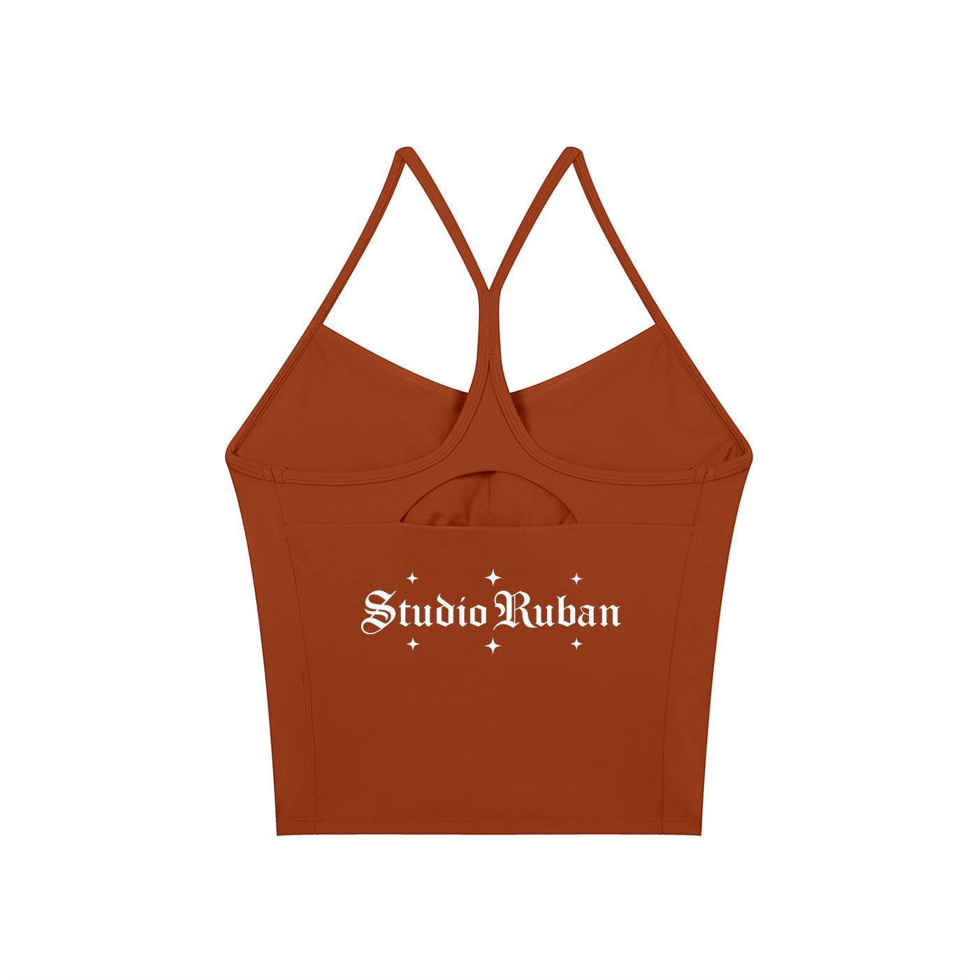 Studio Ruban women's rust orange spaghetti strap yoga sports bra with cutout detail and white logo.