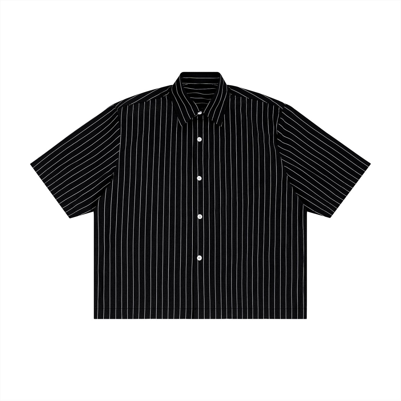 Studio Ruban black short-sleeve button-up shirt with thin white vertical pinstripes and a lapel collar.