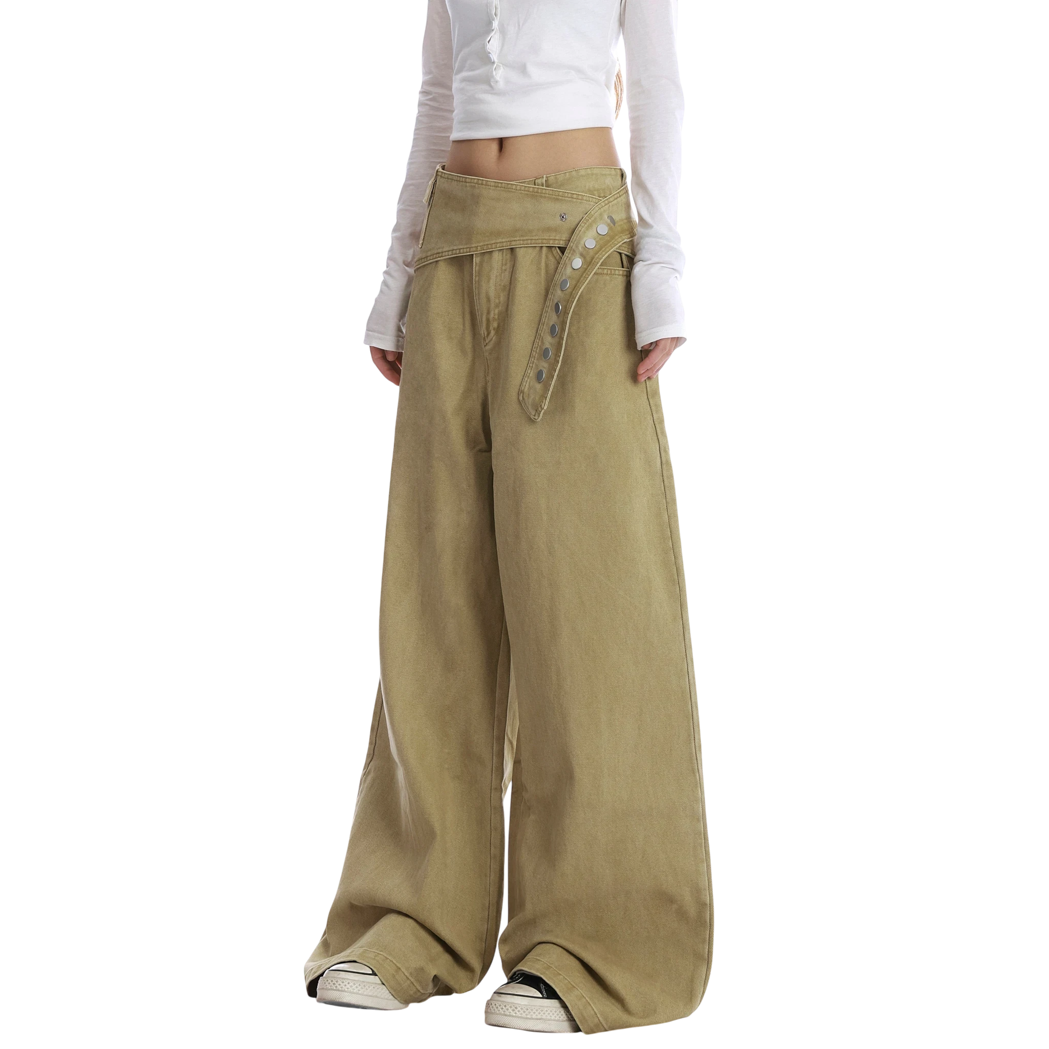Studio Ruban Tiri khaki wide leg wrap pants with button closure and exaggerated flare. Cotton blend.