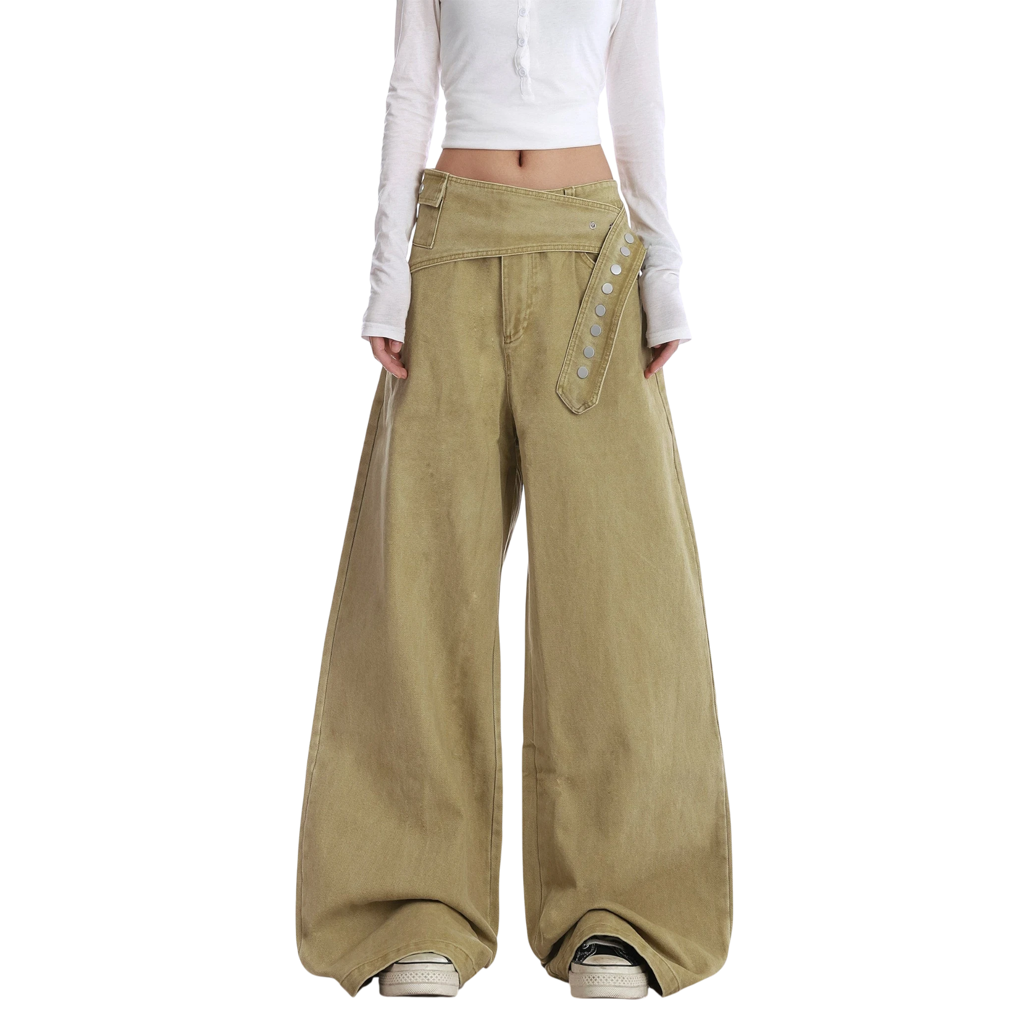 Studio Ruban Tiri khaki wide leg wrap pants with button closure and high waist. Cotton blend.