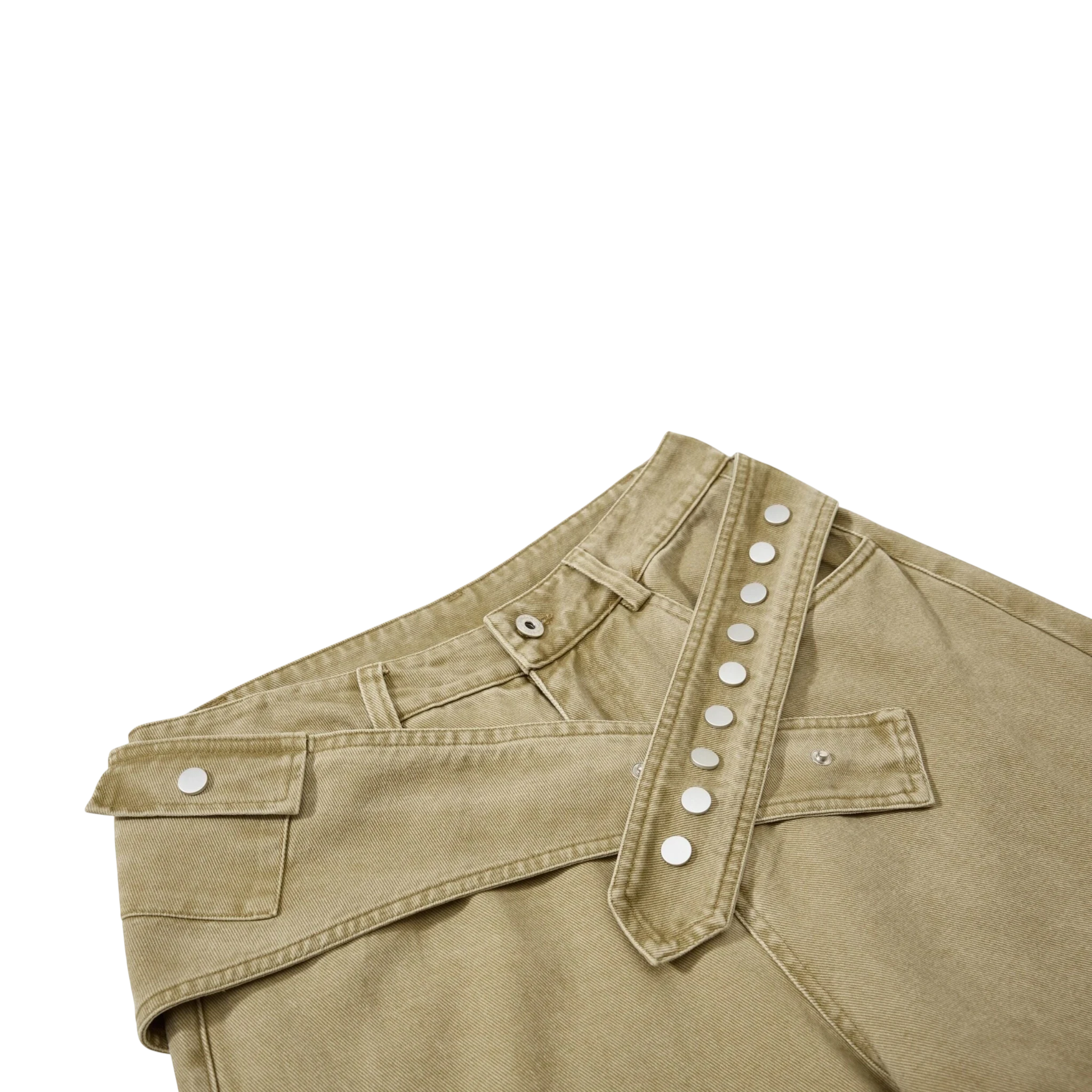 Studio Ruban Tiri khaki wide leg wrap pants with button closure and pocket detail. Cotton blend.