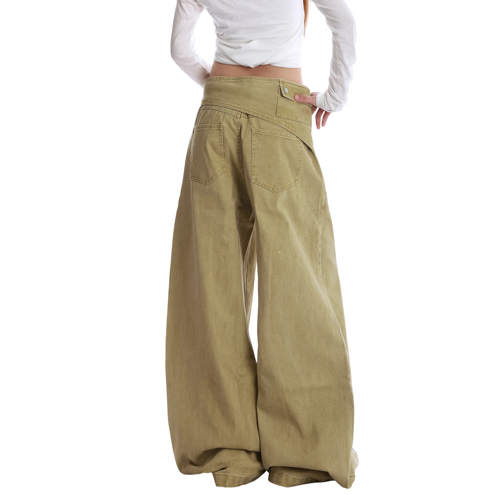 Studio Ruban Tiri wide leg wrap pants in khaki cotton blend with button closure and high waist.