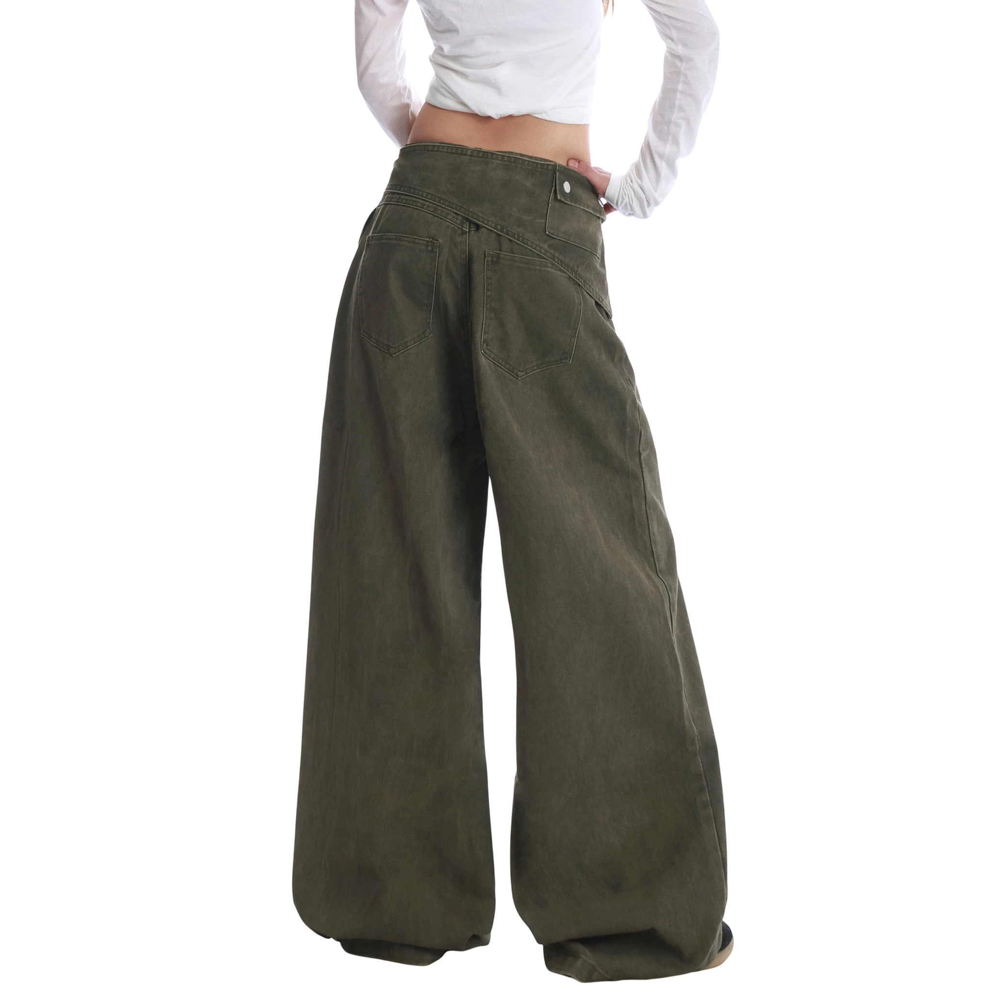 Studio Ruban Tiri olive green wide leg wrap pants with button closure and exaggerated flare.