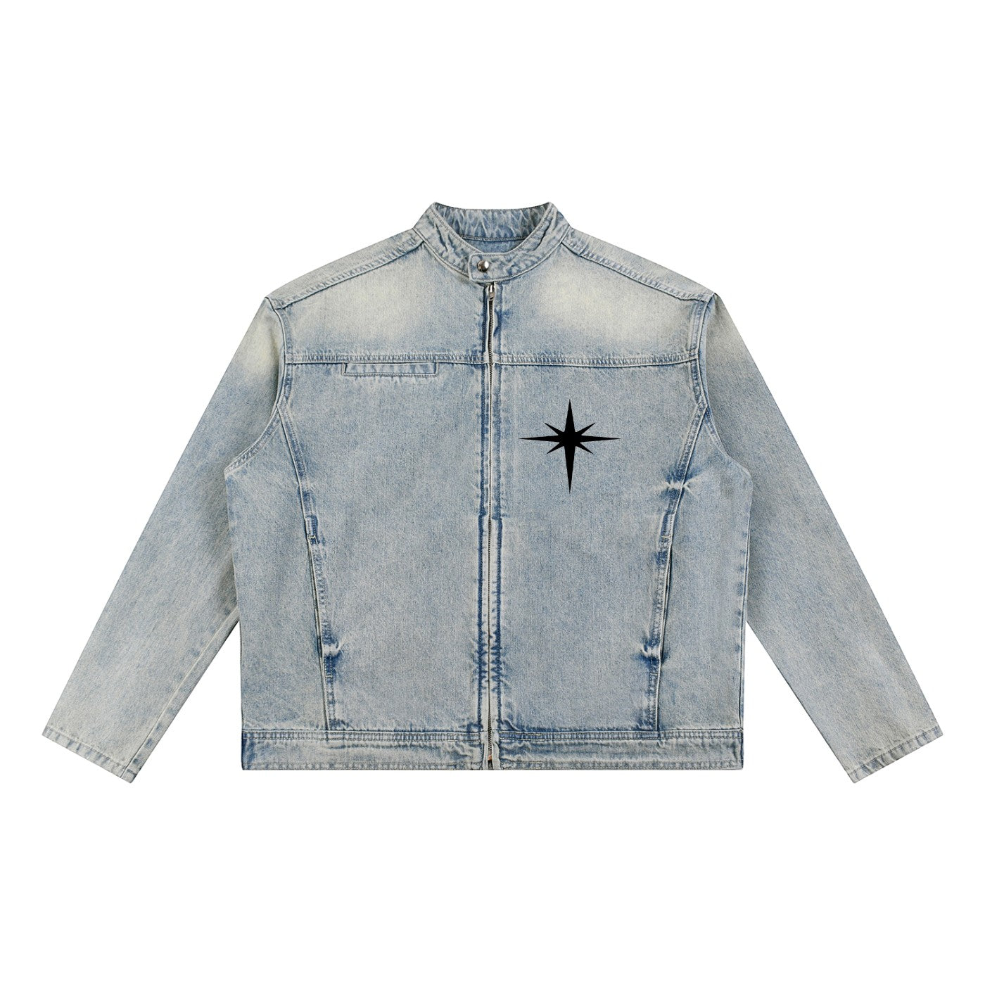 Studio Ruban vintage wash light blue denim jacket with zip front, chest pocket, and black star graphic. Oversized fit.