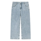 Studio Ruban light wash denim straight leg jeans, made from 85% cotton and 15% polyester, with a mid-waist fit.