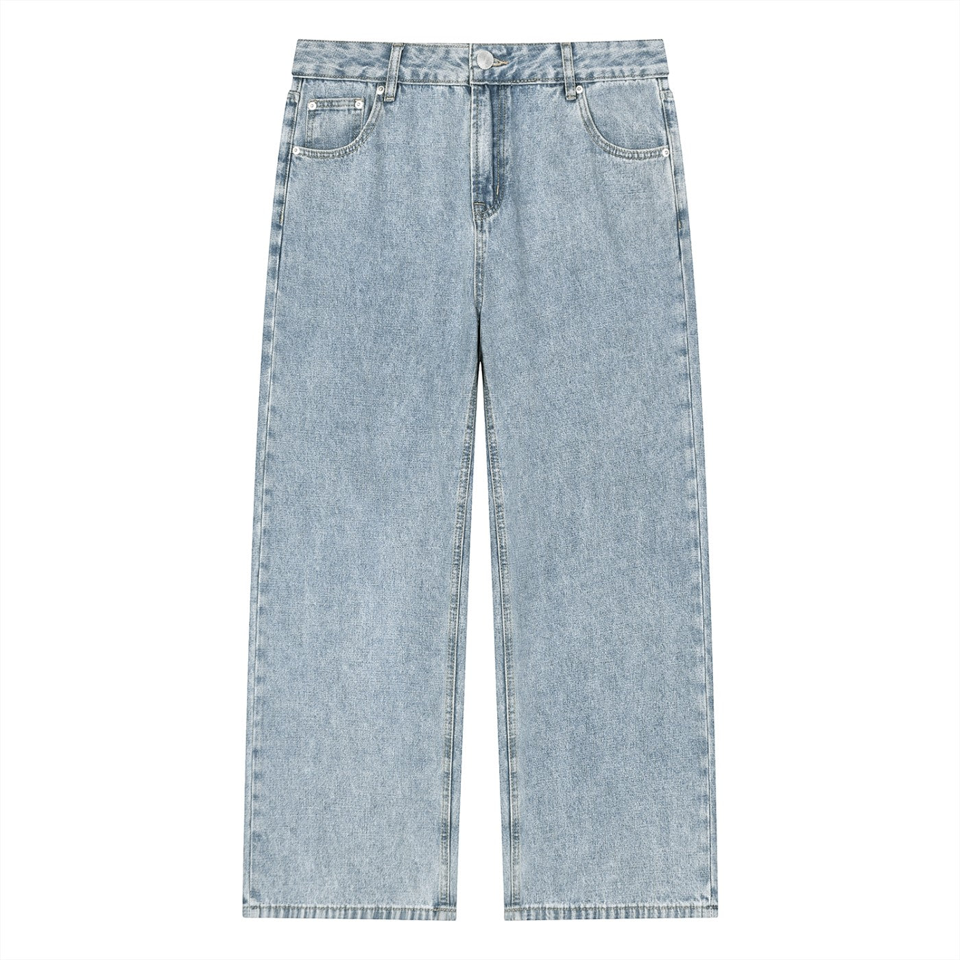 Studio Ruban light wash denim straight leg jeans, made from 85% cotton and 15% polyester, with a mid-waist fit.
