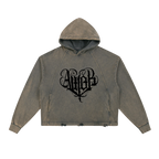 Studio Ruban Vintage Washed Frayed-Hem Hoodie with black gothic heart graphic. Unisex loose fit, cotton blend.