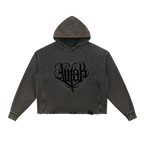 Studio Ruban vintage washed charcoal grey hoodie with frayed hem and black gothic heart graphic. Unisex loose fit, 88.5% cotton.