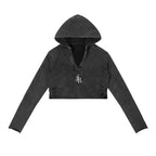 Studio Ruban vintage washed raw edge cropped hoodie with V-neck and ruched sides, made of 100% cotton in charcoal grey.