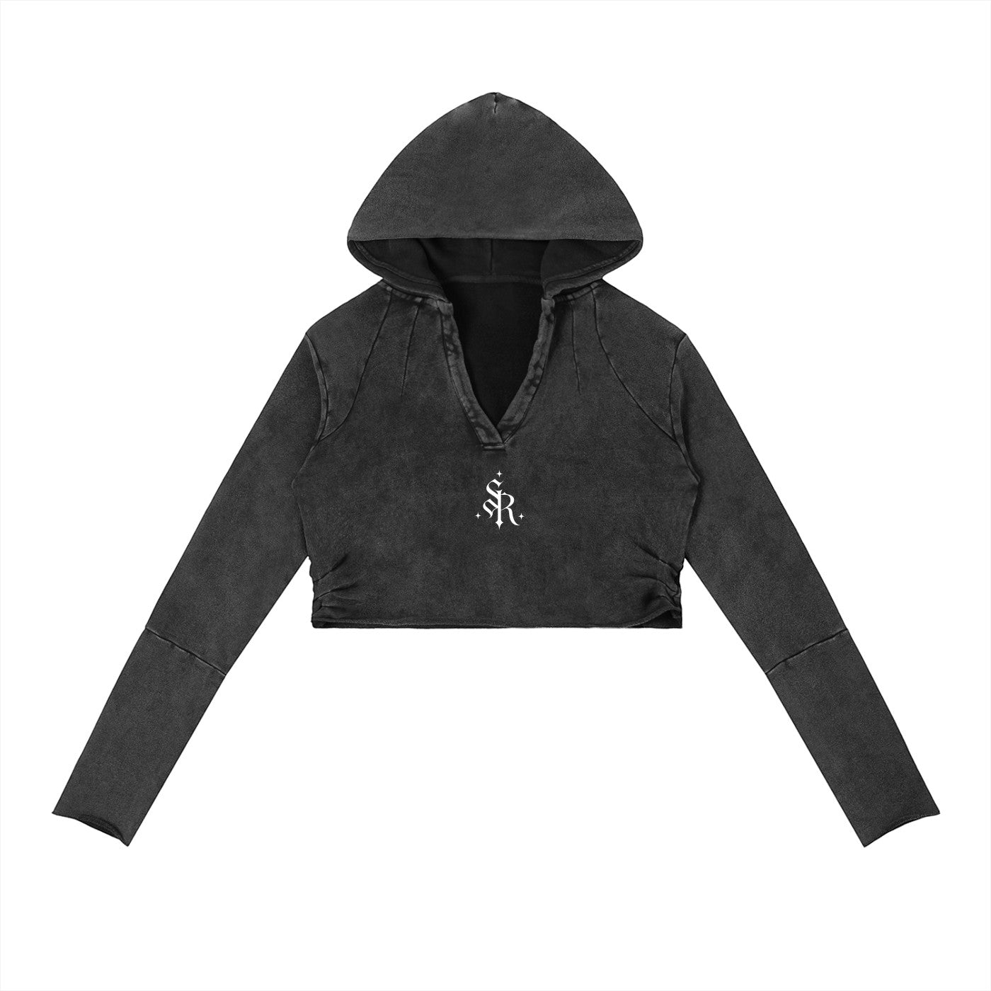 Studio Ruban vintage washed raw edge cropped hoodie with V-neck and ruched sides, made of 100% cotton in charcoal grey.