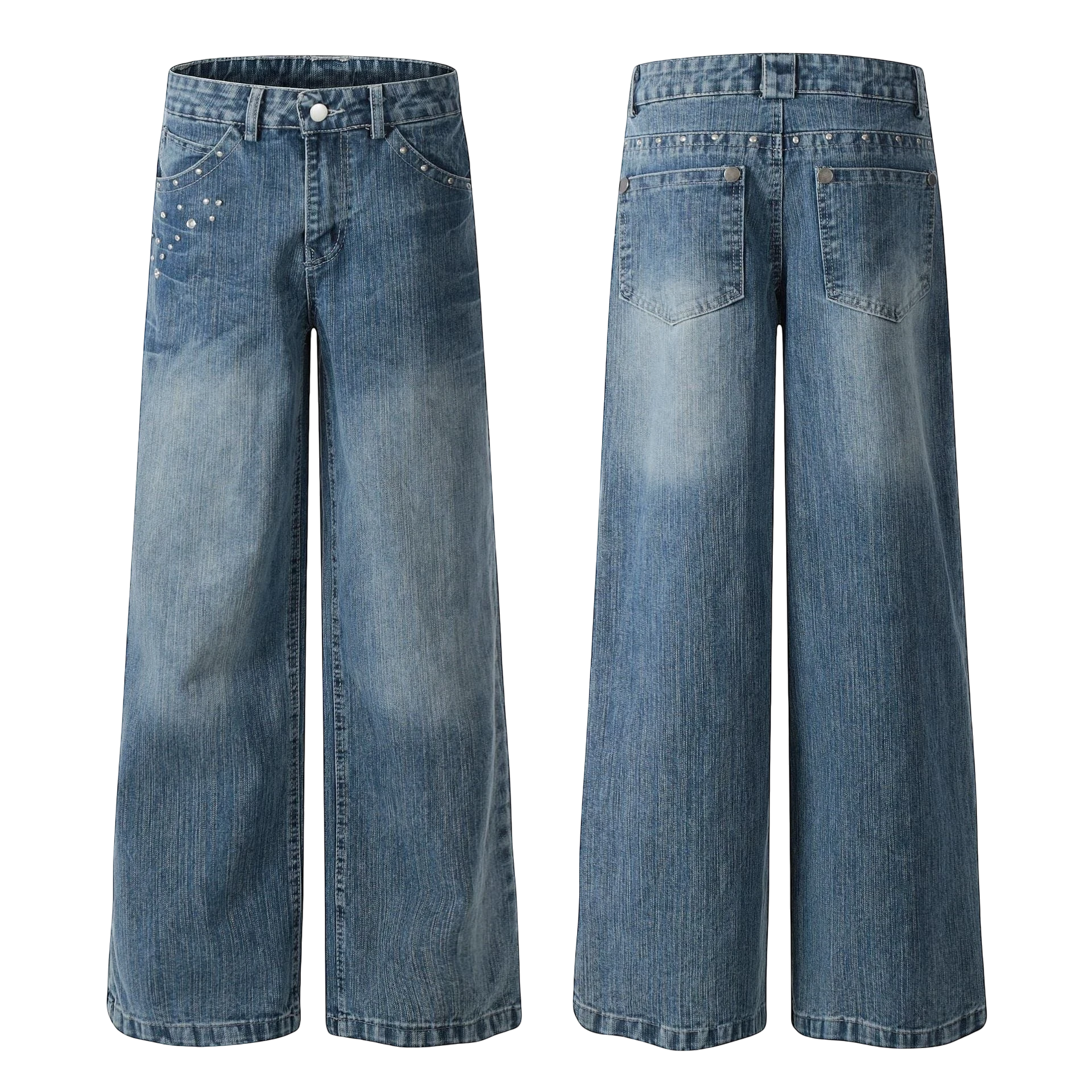 Studio Ruban Viola mid-wash denim wide leg jeans with rhinestone embellishments on front pockets and down the leg.