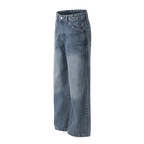 Studio Ruban Viola mid-wash denim wide leg jeans with rhinestone embellishments on pockets and legs.