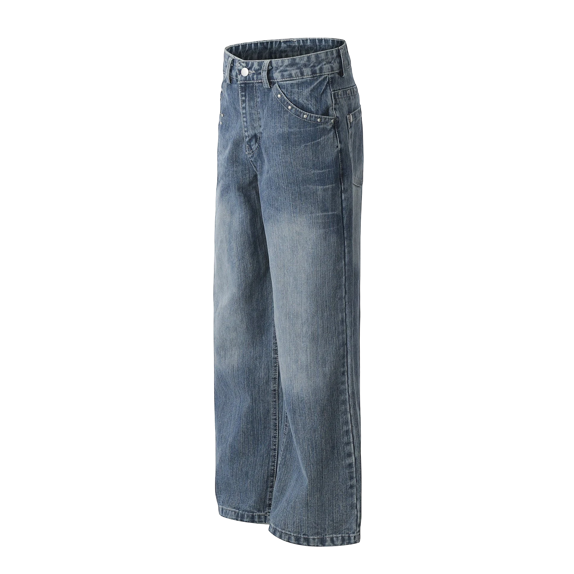 Studio Ruban Viola mid-wash denim wide leg jeans with rhinestone embellishments on pockets and legs.