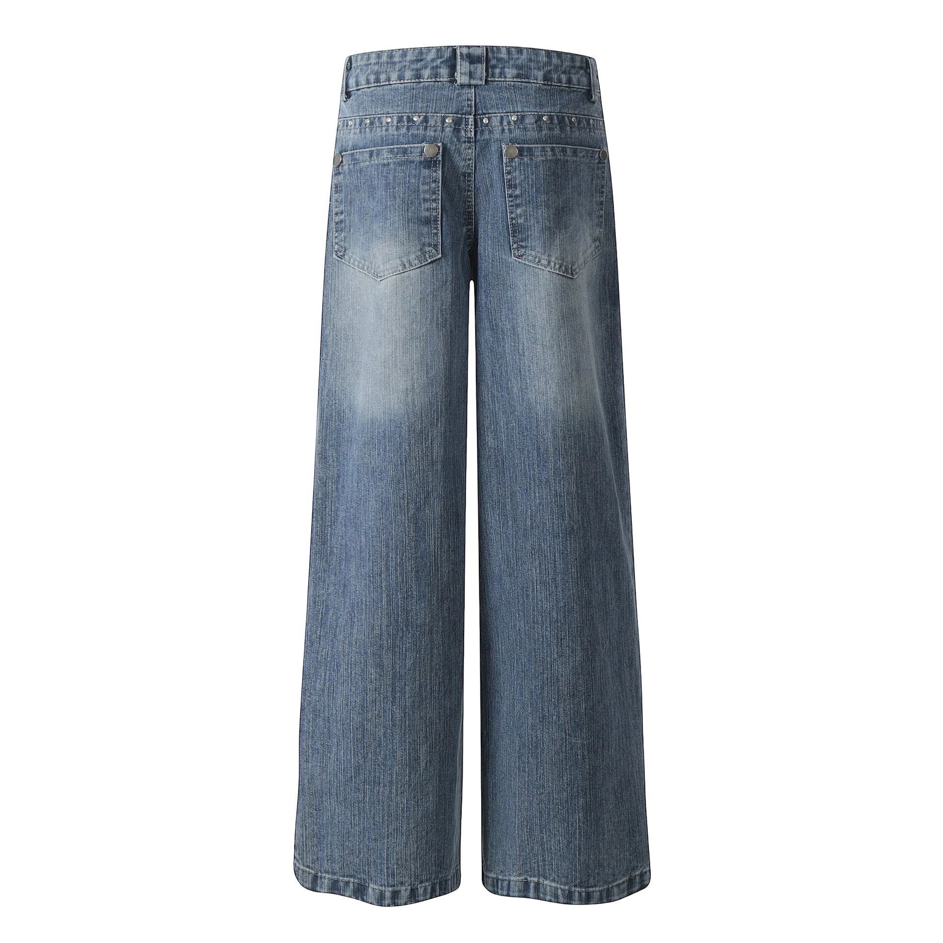 Studio Ruban Viola wide leg jeans in mid-wash denim with rhinestone embellishments on back pockets.