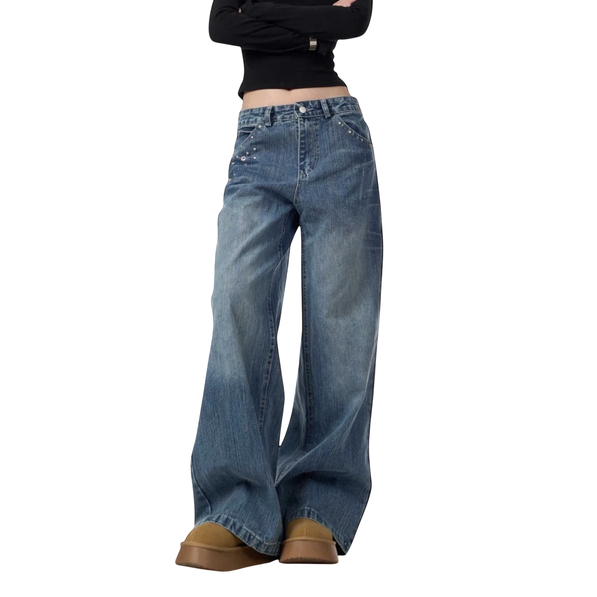 Studio Ruban Viola mid-wash denim wide leg jeans with rhinestone embellishments on pockets and legs.