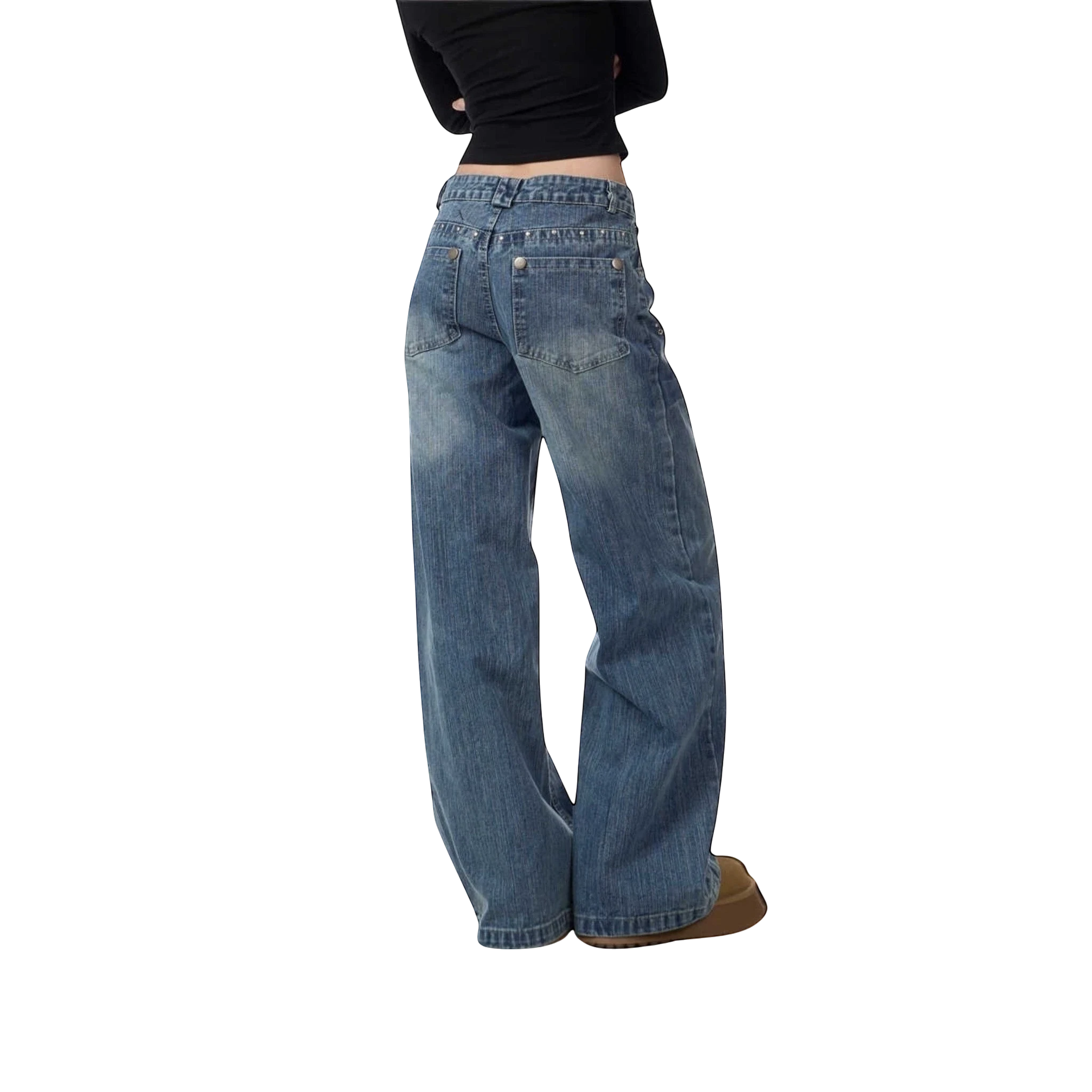 Studio Ruban Viola wide leg denim jeans with rhinestone embellishments on back pockets. Mid-wash blue denim.