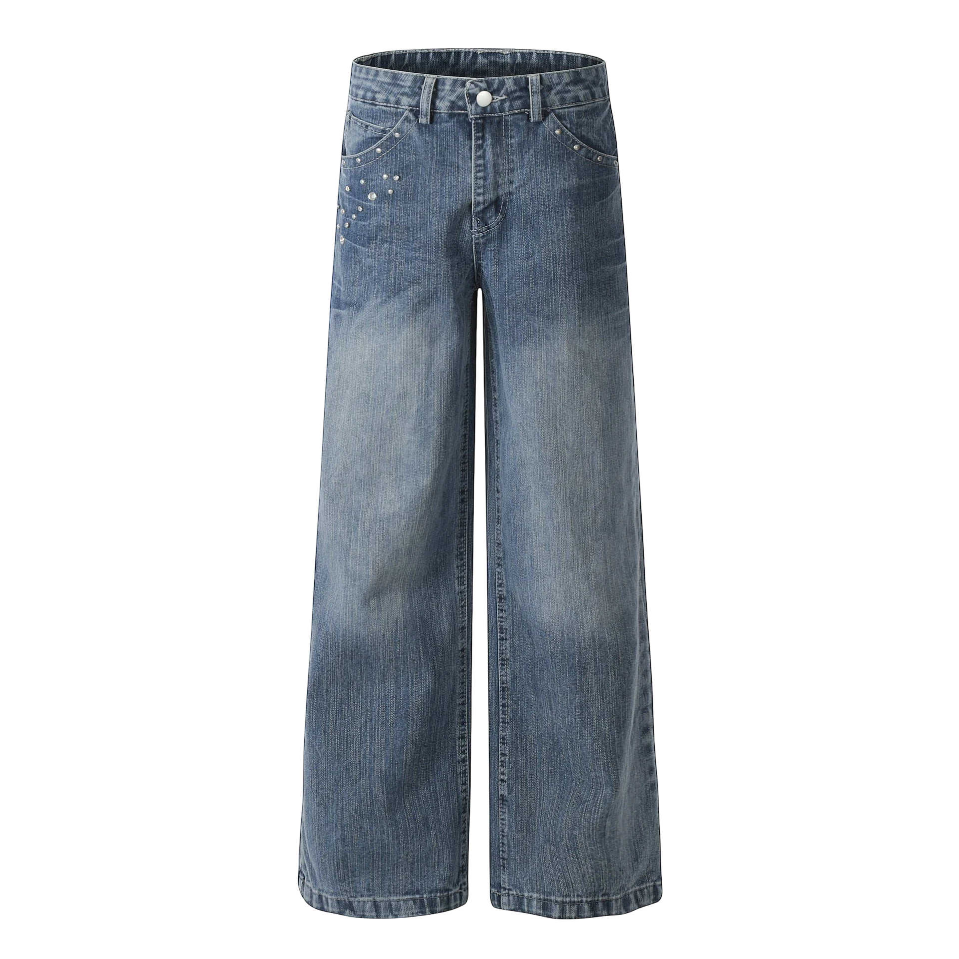Studio Ruban Viola mid-wash denim wide leg jeans with rhinestone embellishments on pockets and legs.