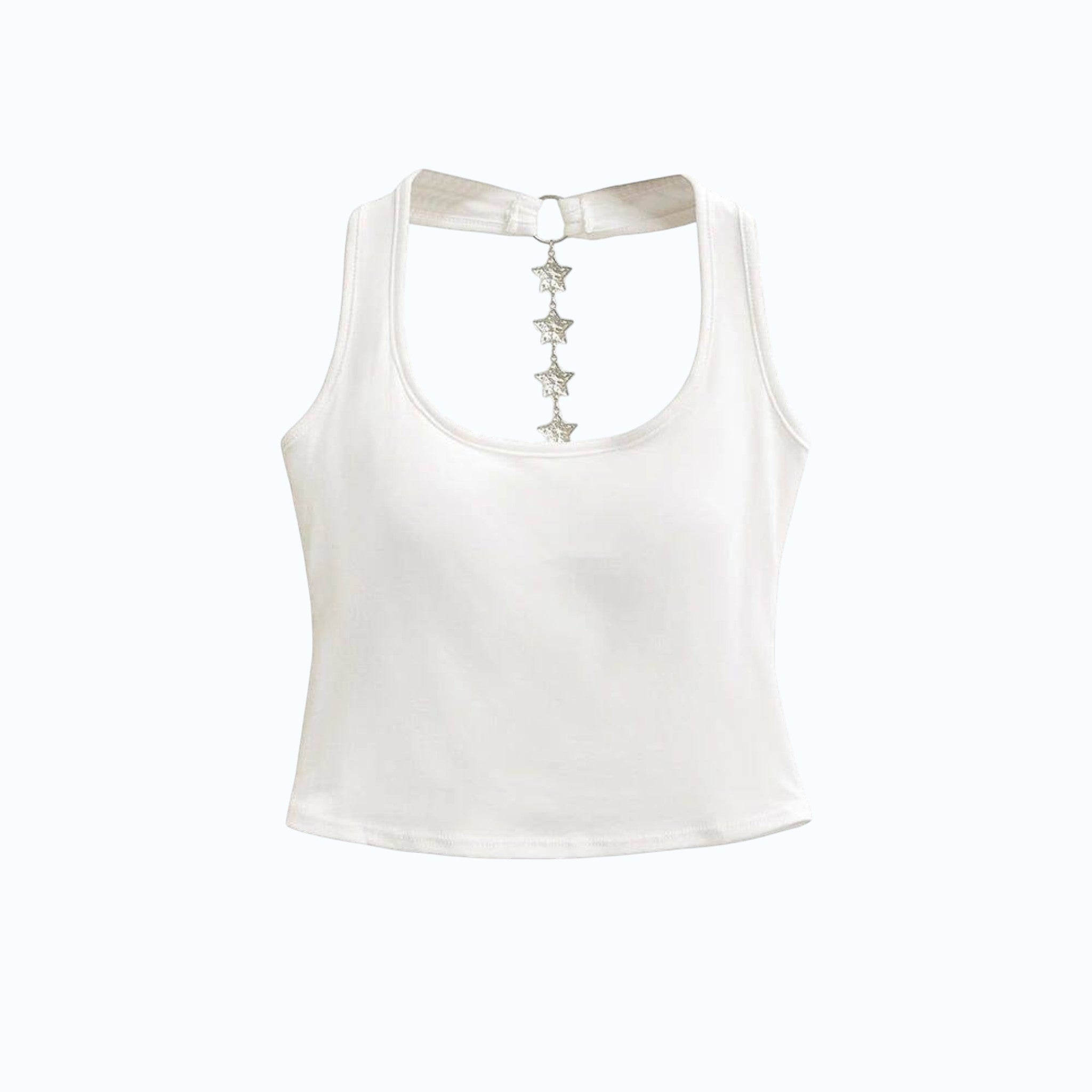 Studio Ruban white solid color sleeveless chain neck crop top with star charms