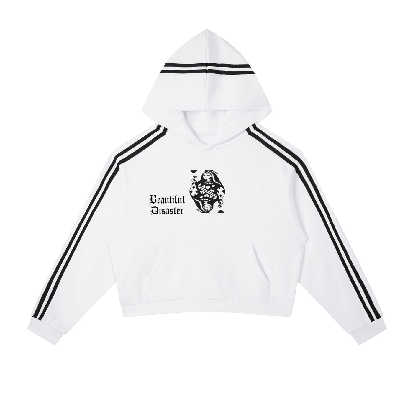 Studio Ruban white cropped hoodie with black side stripes and a Queen of Hearts graphic with "Beautiful Disaster" text.