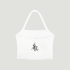 Studio Ruban white halter crop sports bra with black gothic logo, made of nylon and spandex blend.