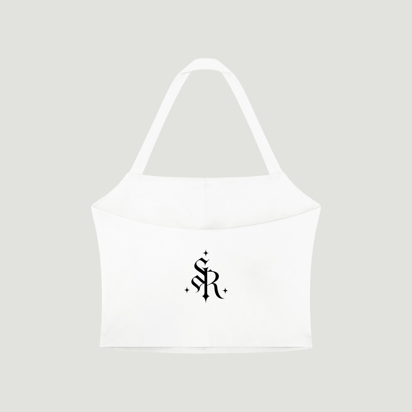 Studio Ruban white halter crop sports bra with black gothic logo, made of nylon and spandex blend.