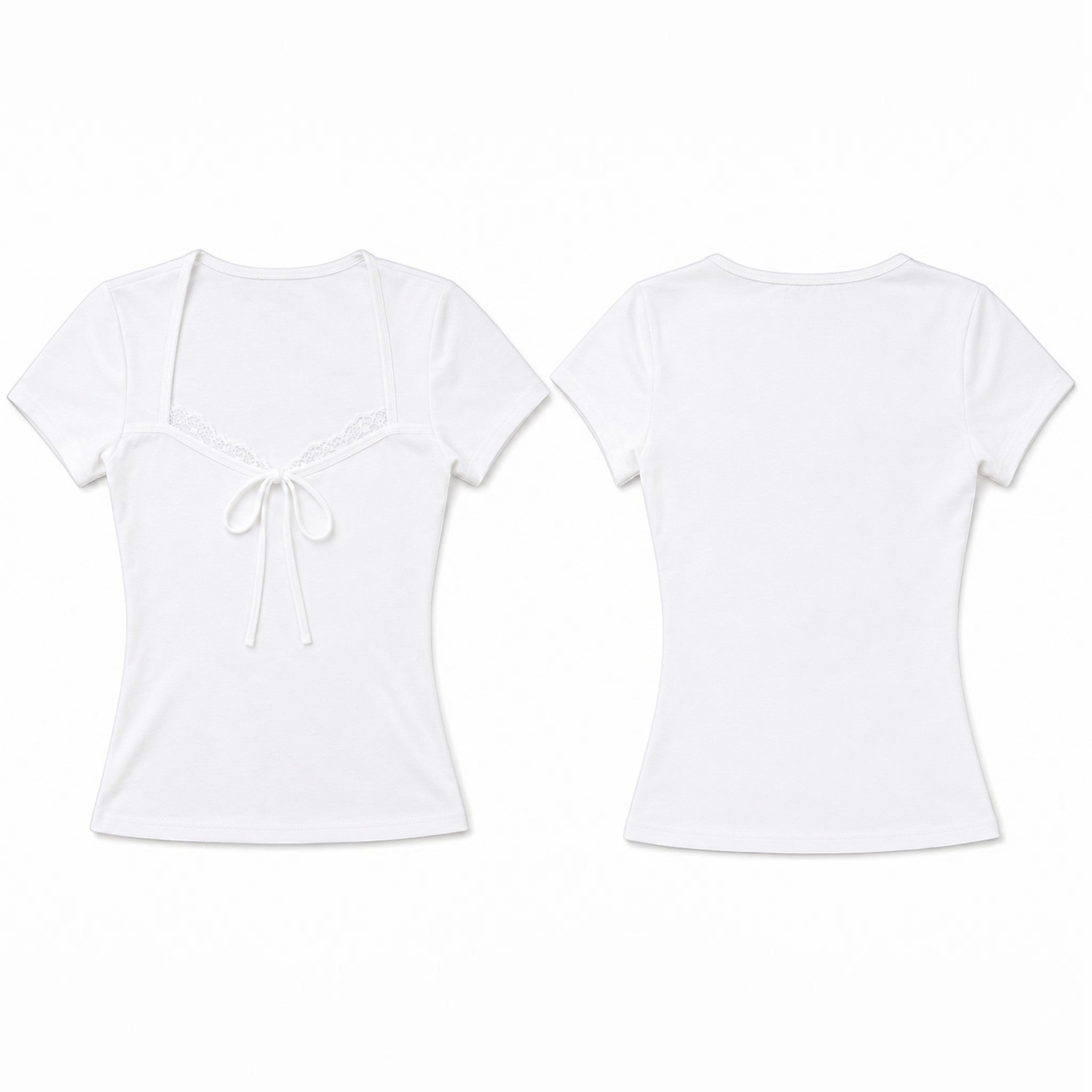 Studio Ruban white short-sleeve crop top with square neckline, lace trim, and tie detail.