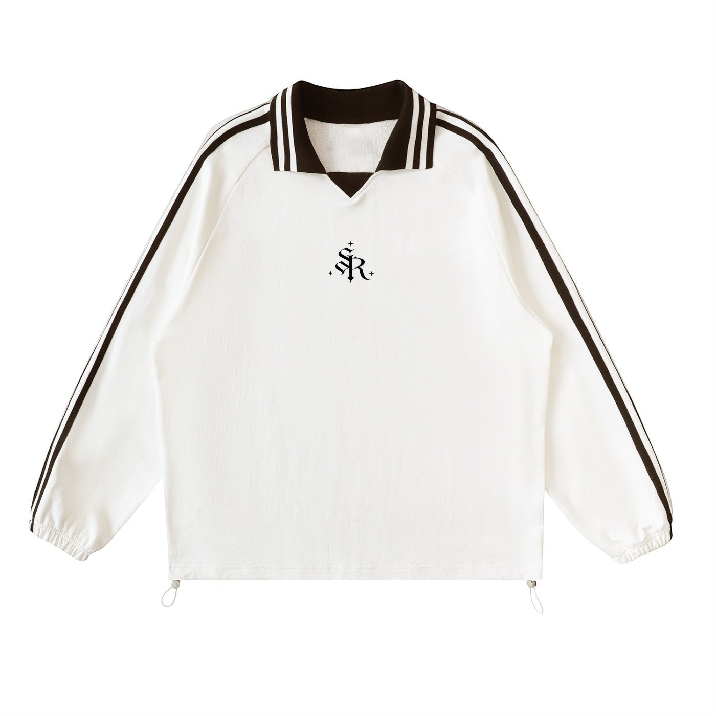 Studio Ruban white 100% cotton sweatshirt with black contrast stripes on lapel collar and raglan sleeves, featuring a vintage logo.